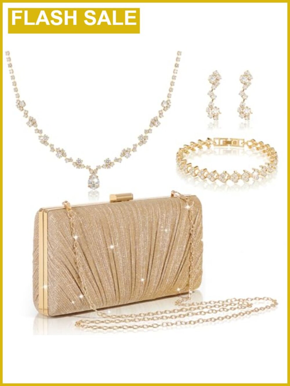 Gold Evening Clutch with Rhinestone Jewelry Set for Women Wedding Party